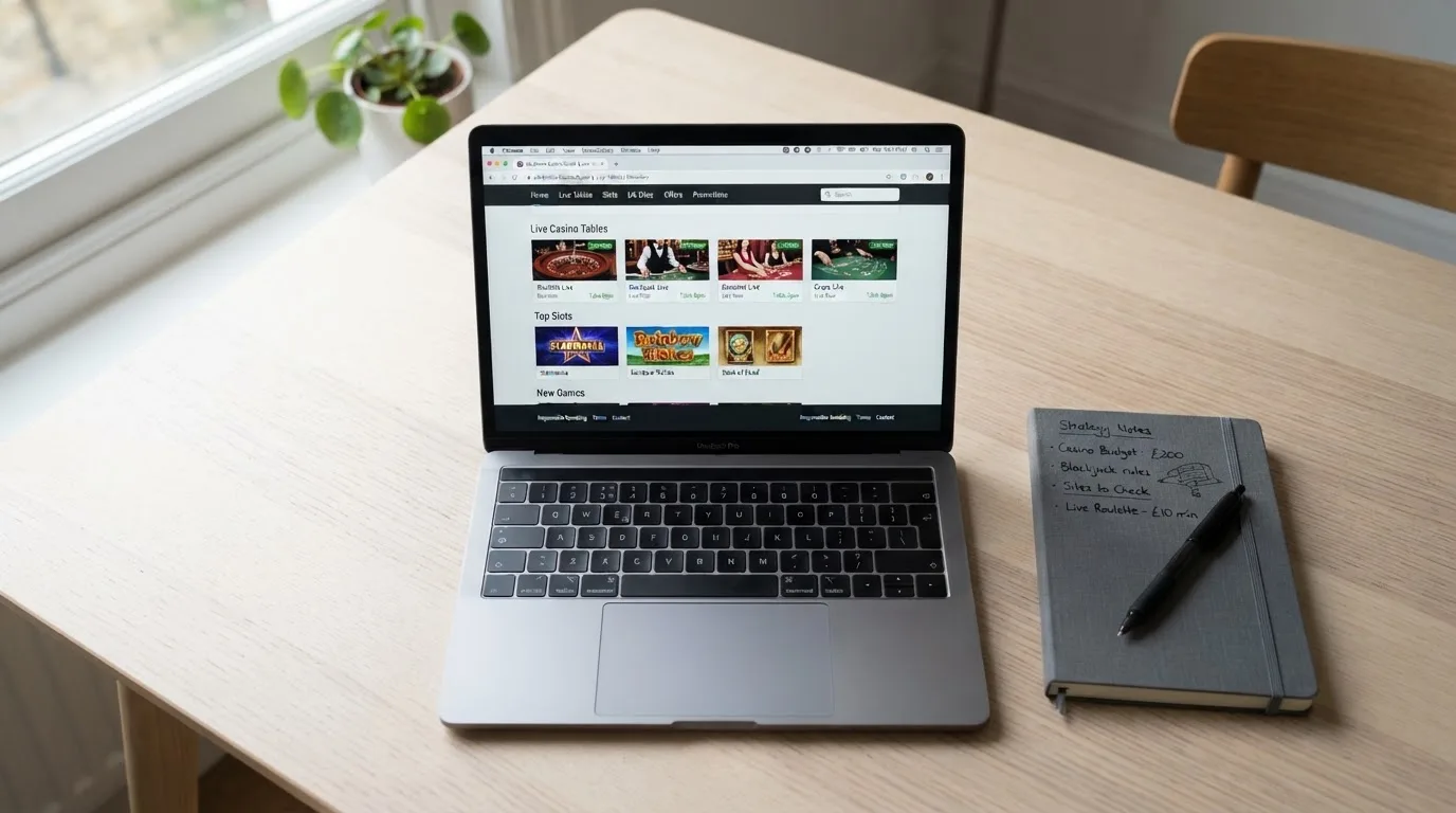 A laptop on a home desk showing a UK online casino comparison page open beside a notepad, with a laptop showing a live casino lobby with several table thumbnails visible in a browser tab list