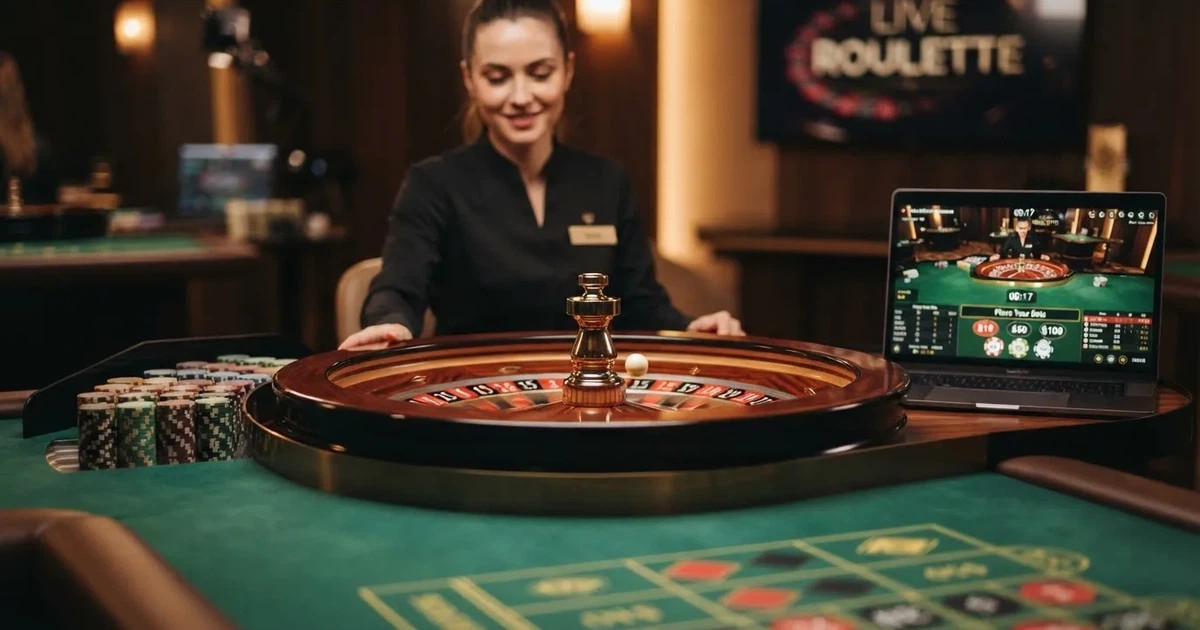 A live dealer roulette wheel streamed to a laptop screen
