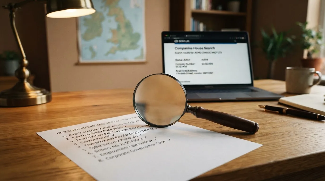 A magnifying glass held over a printed gambling licence certificate on a desk, with a UK map faintly visible in the background