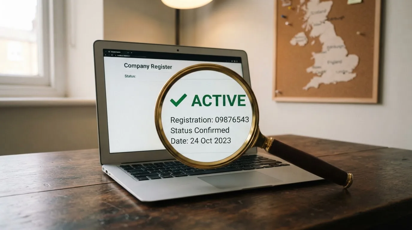 A magnifying glass held over a printed gambling licence certificate on a desk, with a UK map faintly visible in the background
