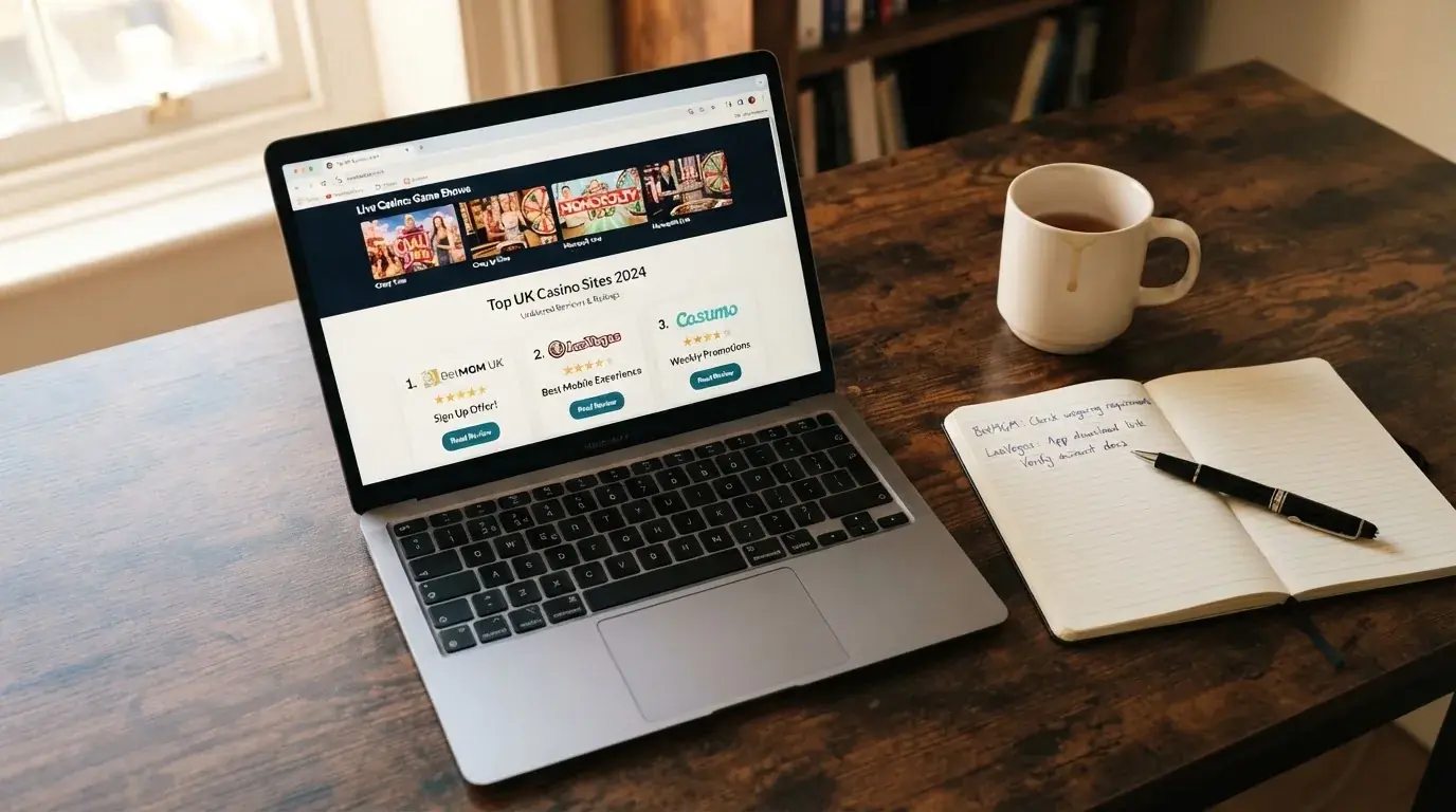 A laptop on a home desk showing a UK online casino comparison page open beside a notepad, with a laptop showing a live casino game show lobby page visible in a browser tab list