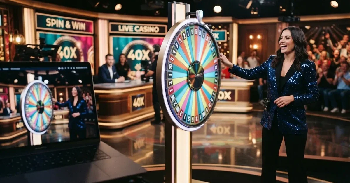 A wheel-based live casino game show studio streamed to a laptop