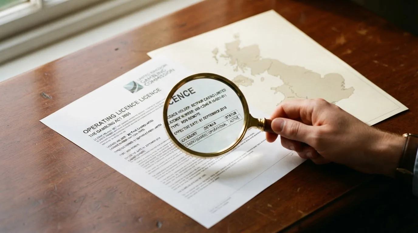 A magnifying glass held over a printed gambling licence certificate on a desk, with a UK map faintly visible in the background