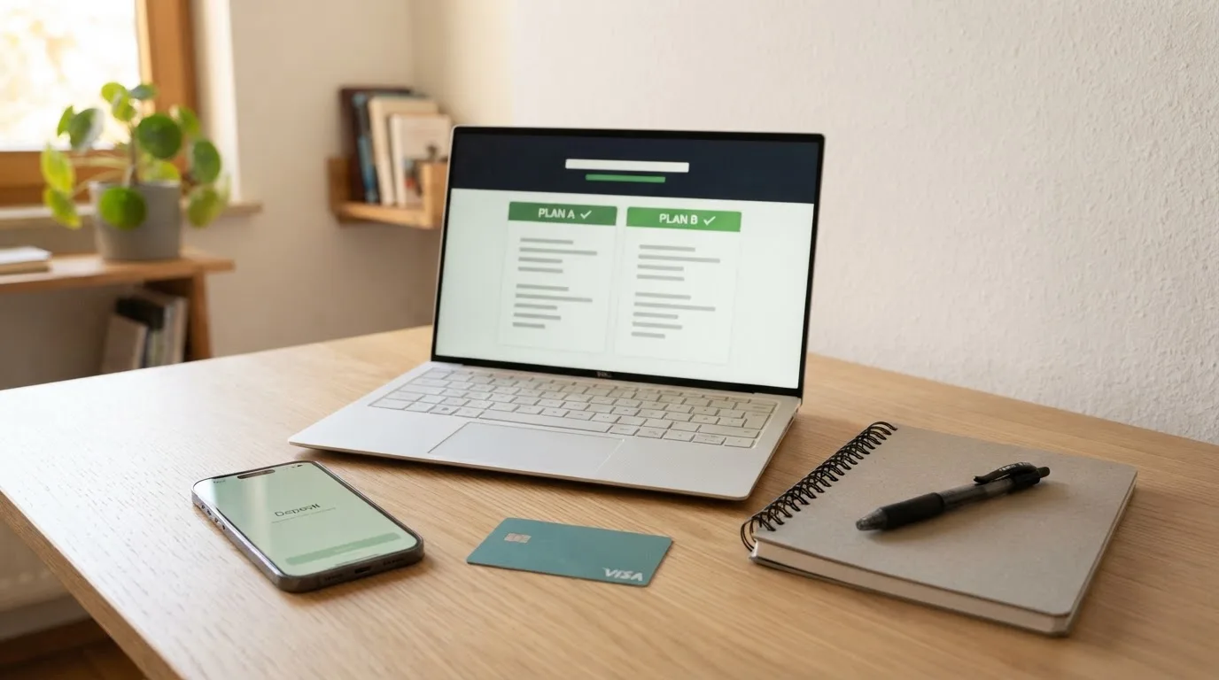 A laptop on a home desk showing a UK online casino comparison page open beside a notepad, with a desk with a debit card, a phone and a laptop showing a deposit form visible in a browser tab list