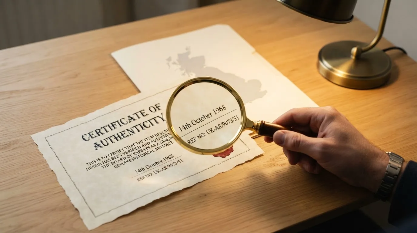 A magnifying glass held over a printed gambling licence certificate on a desk, with a UK map faintly visible in the background