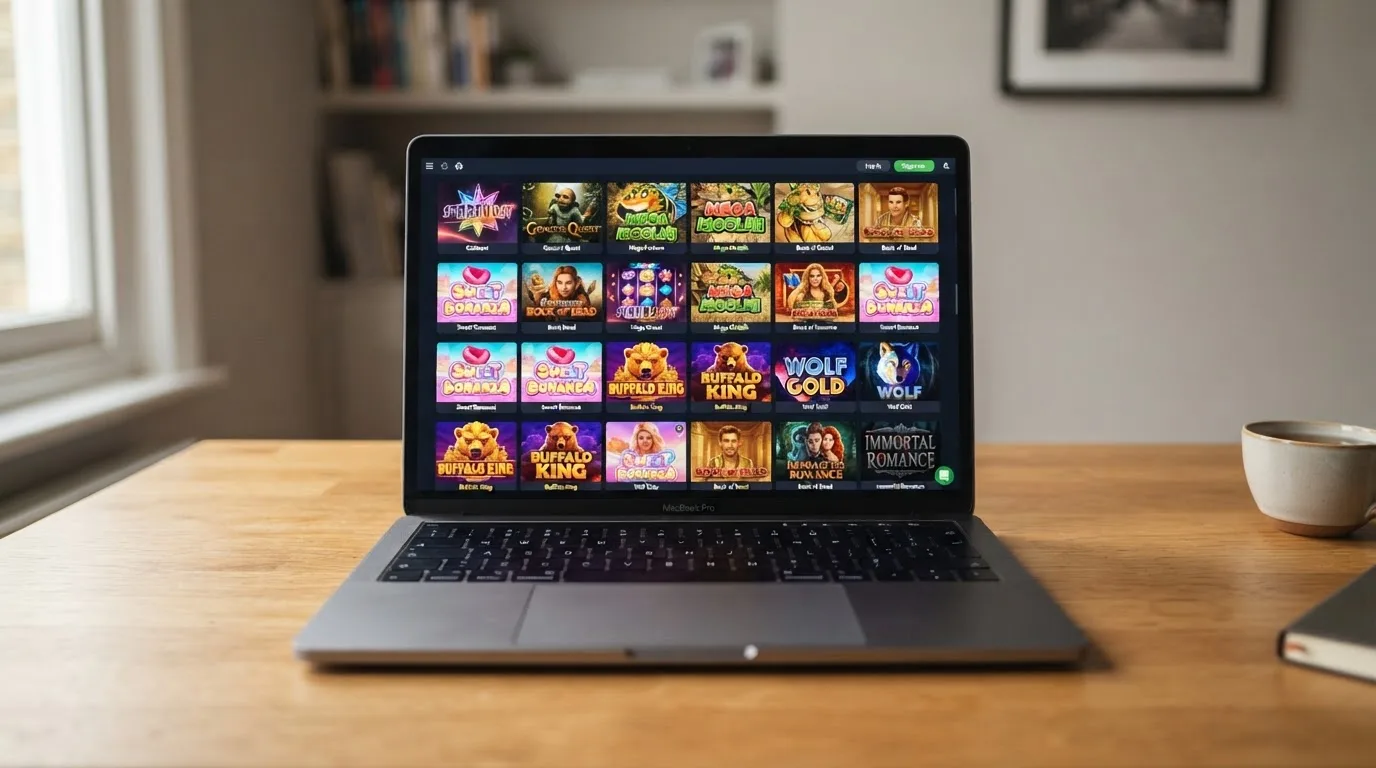 A laptop on a desk displaying a grid of slot game thumbnails in a casino lobby.