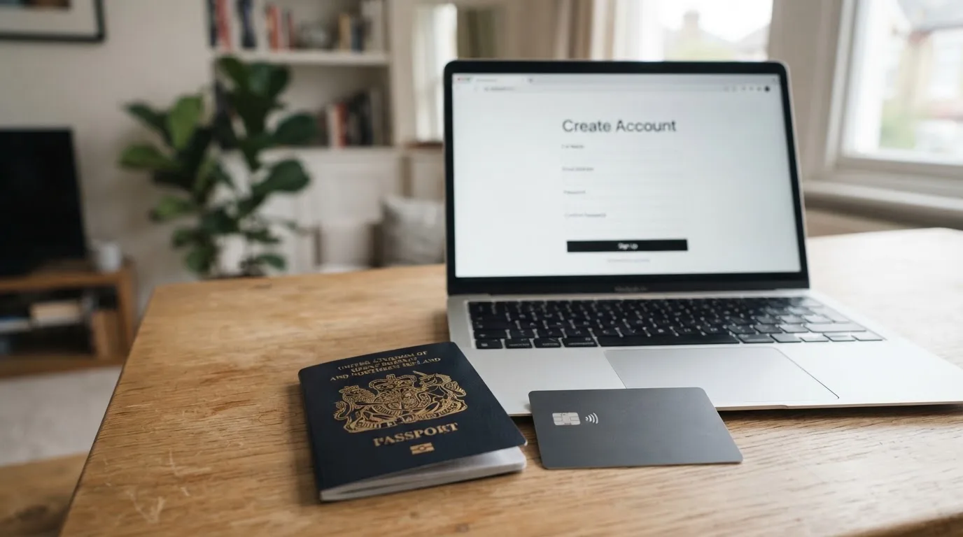 A UK passport and a bank card resting beside a laptop showing an account sign-up screen.