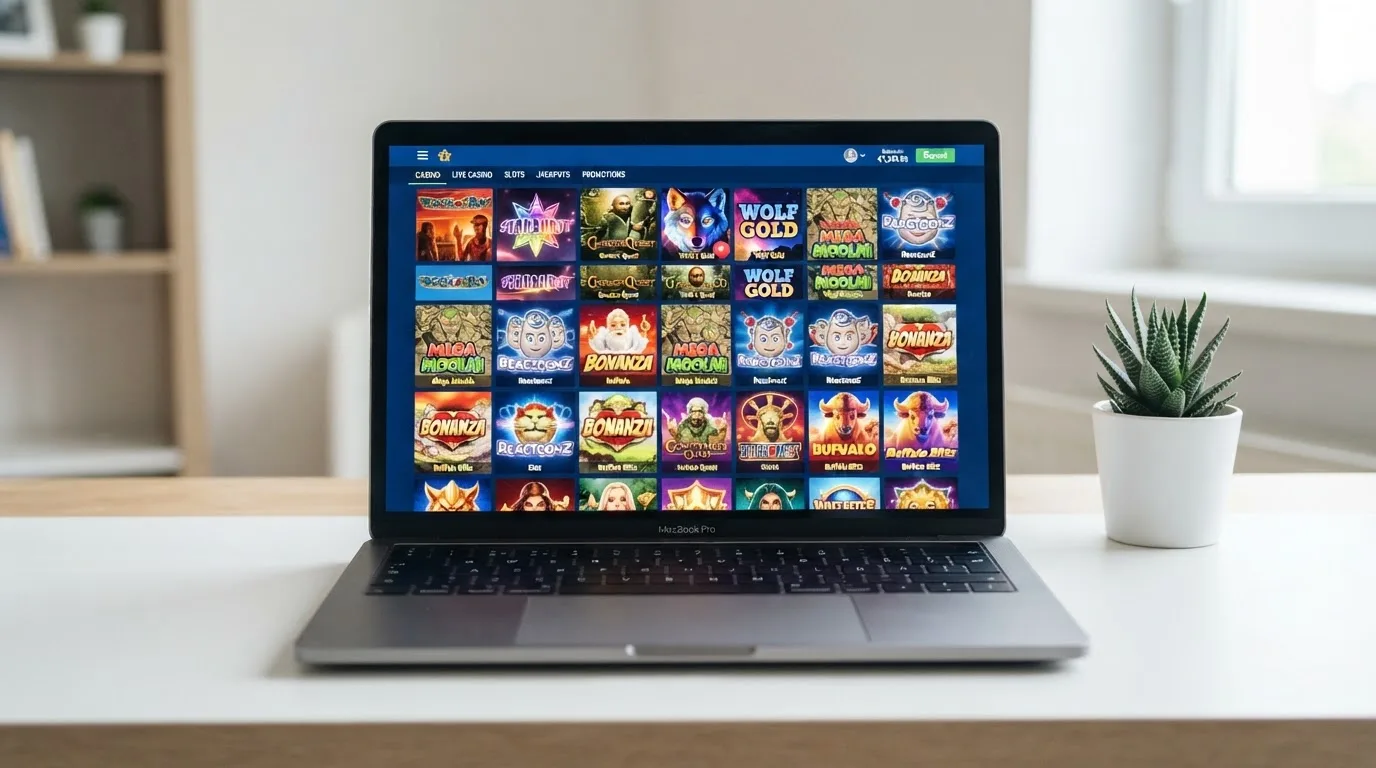 A laptop on a desk displaying a grid of slot game thumbnails in a casino lobby.