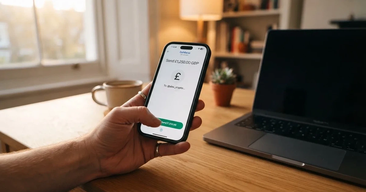 A hand holding a smartphone showing a cryptocurrency transfer screen next to a closed laptop.