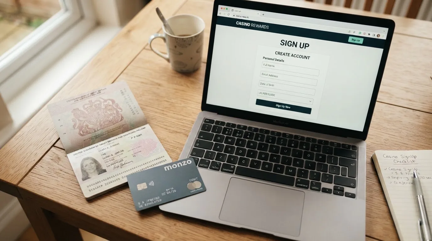A UK passport and a bank card resting beside a laptop showing an account sign-up screen.