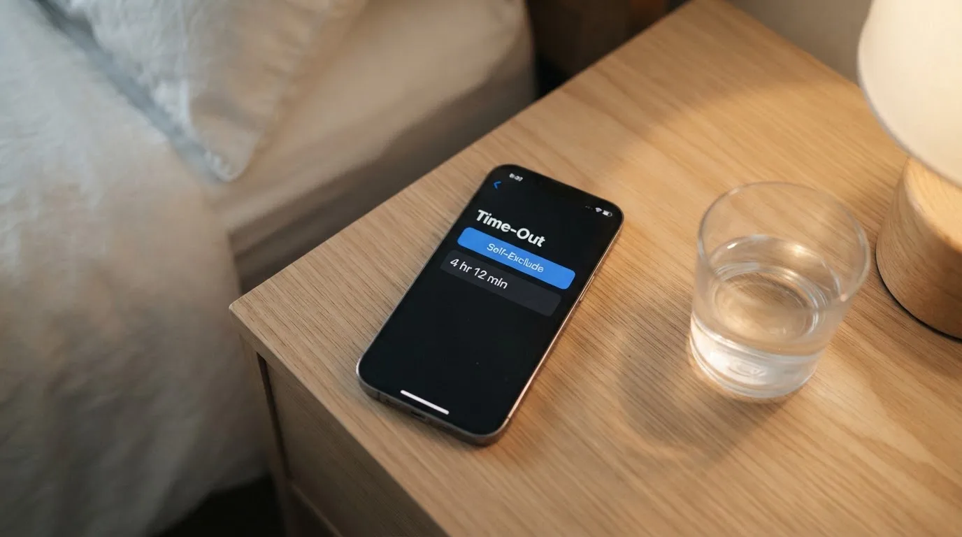 A phone displaying a self-exclusion settings screen next to a glass of water on a bedside table.