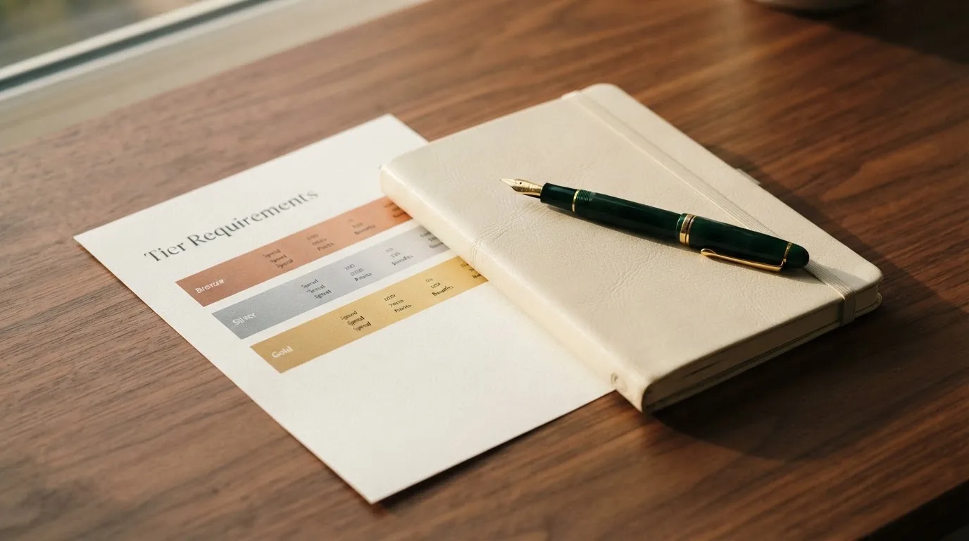 A desk with a printed loyalty-tier chart, a fountain pen, and a closed leather notebook.