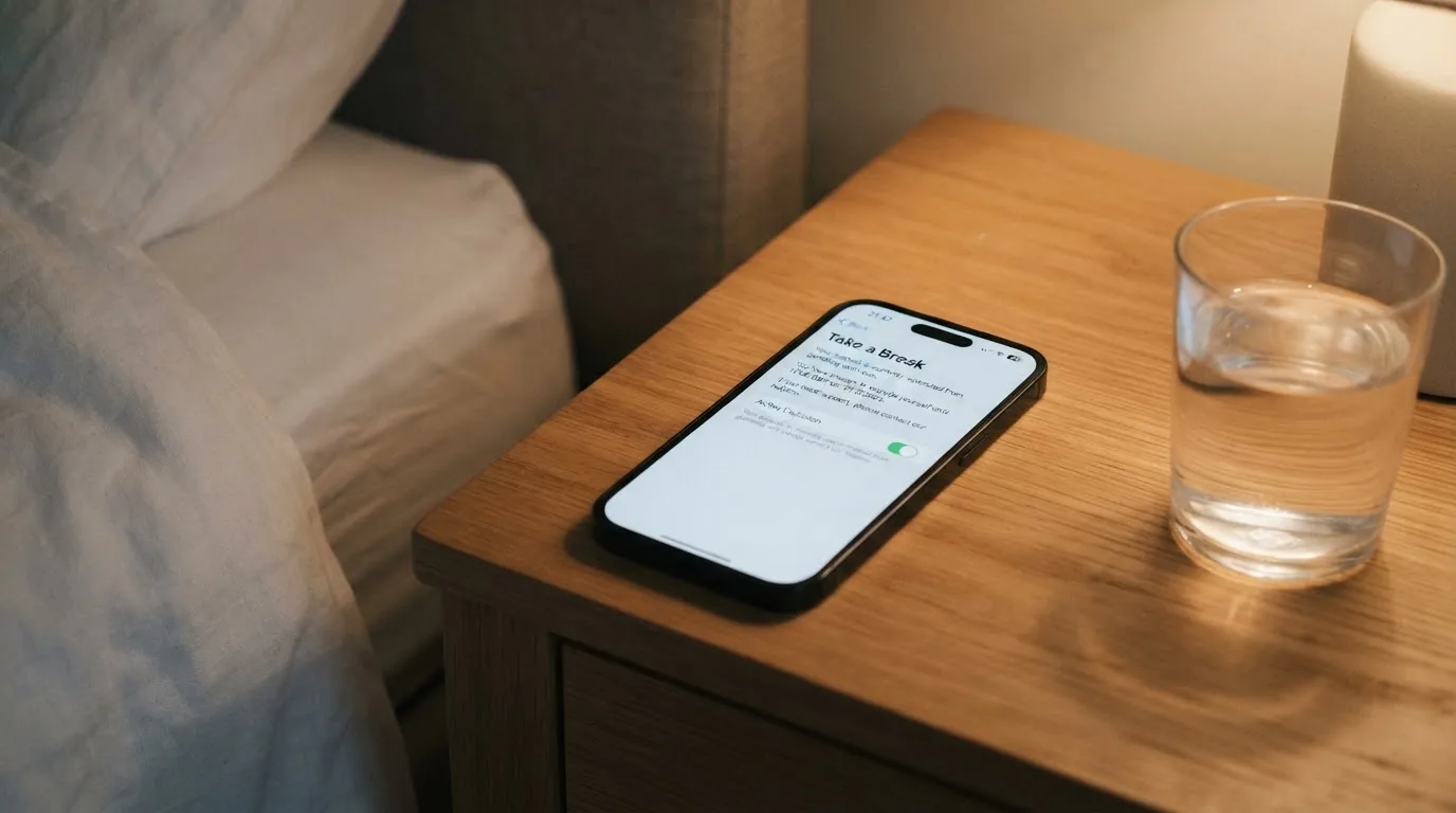 A phone displaying a self-exclusion settings screen next to a glass of water on a bedside table.