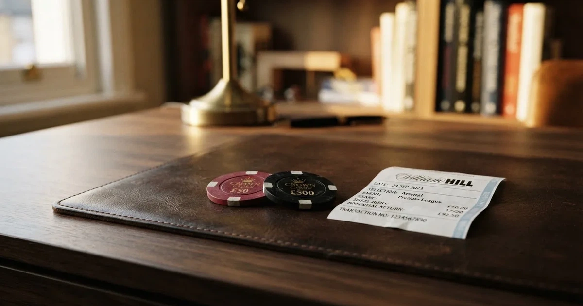 A pair of casino chips and a betting slip arranged beside a printed licence certificate on a desk.