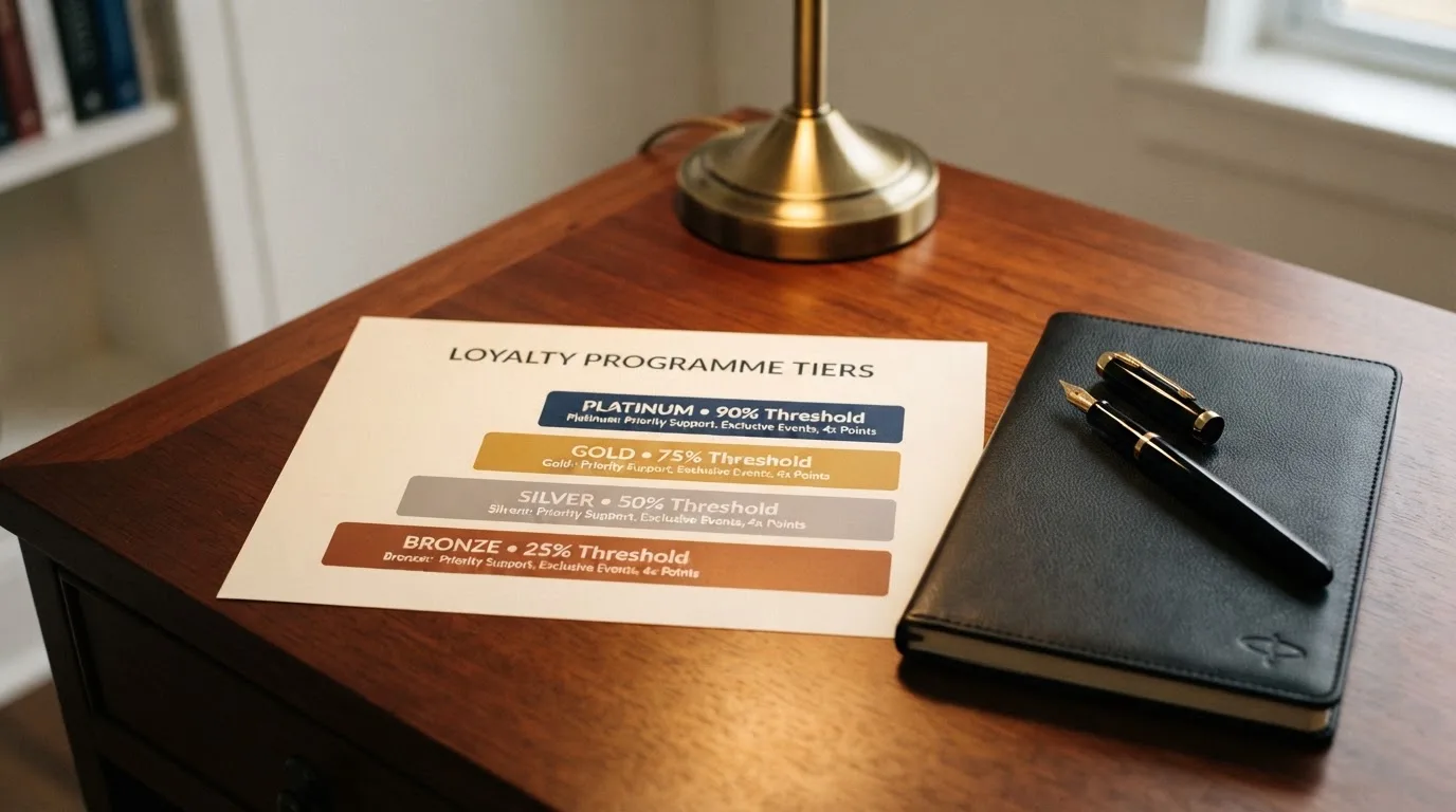 A desk with a printed loyalty-tier chart, a fountain pen, and a closed leather notebook.